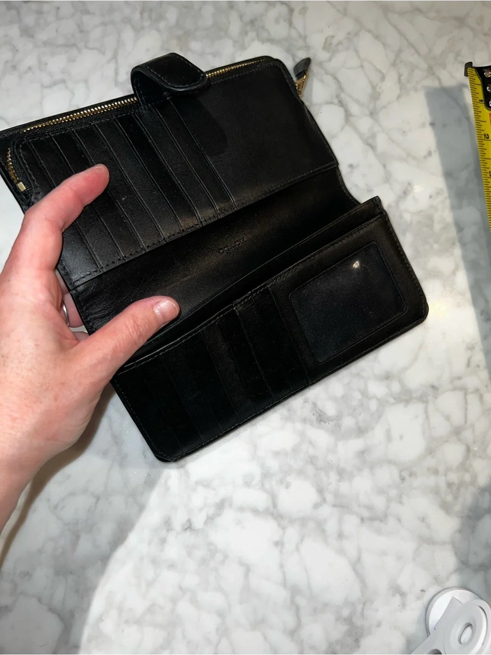 Black Leather Pocketbook/Zippered Wallet with Gold Tone Logo
